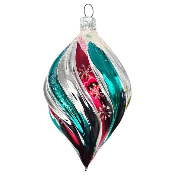 Vtg Czechoslovakian Blown Glass Christmas Ornament Teardrop Swirl Design Glitter - Picture 2 of 6